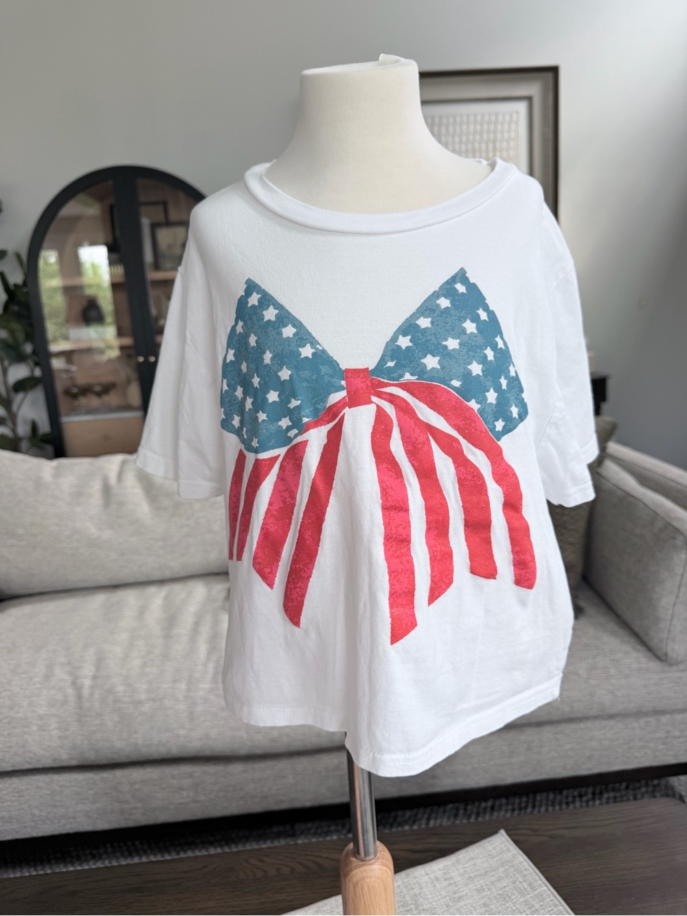 Altar’d State Womens Small White T-Shirt with Red & Blue Star Bow